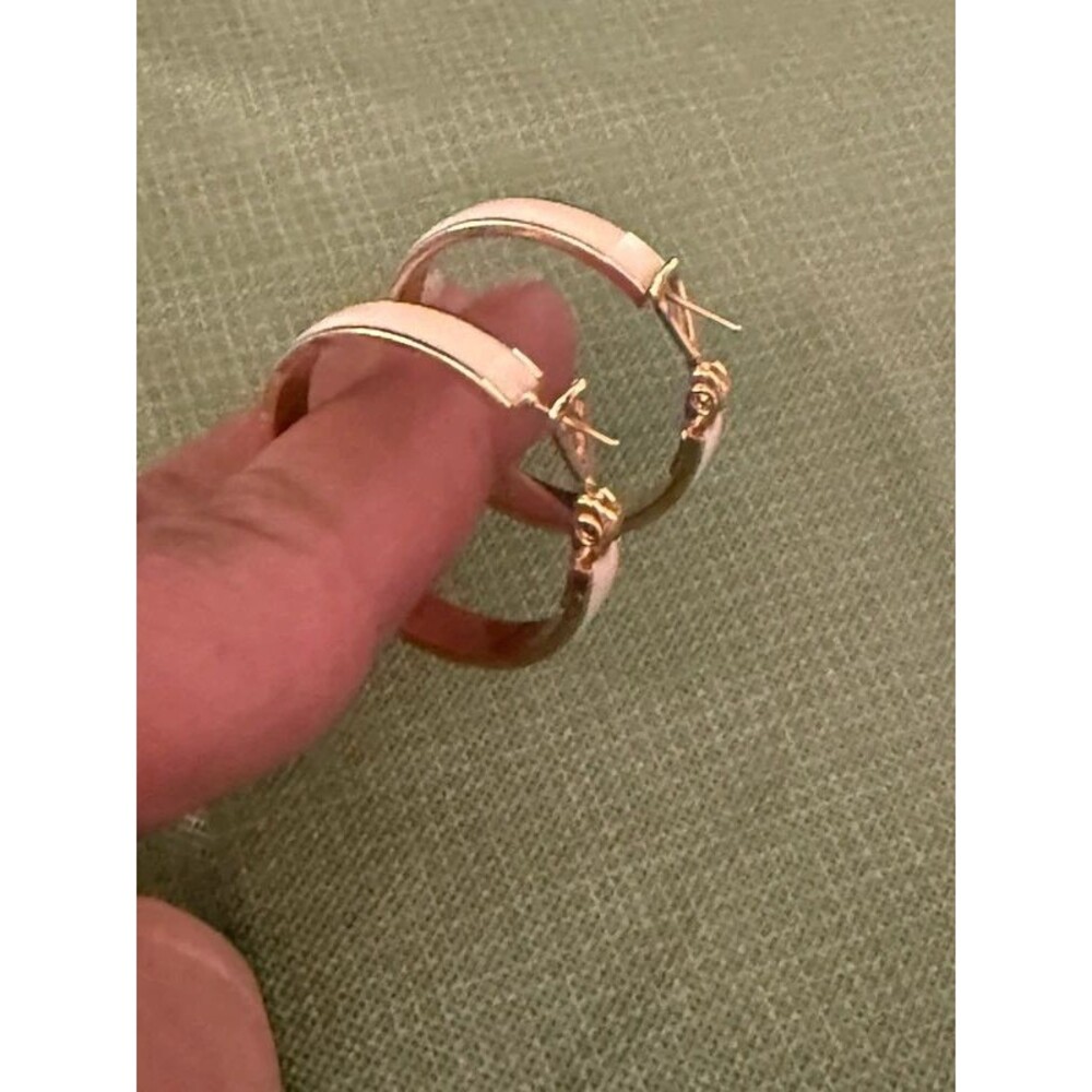 Gold Tone Cream Enamel 1.25 Inch Hoop Earrings